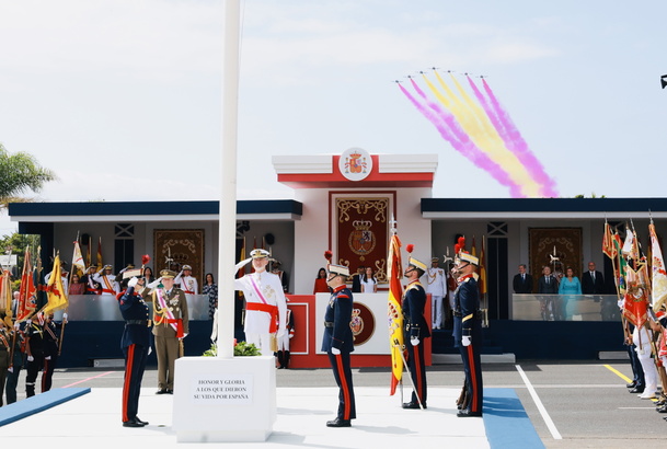 Su Majestad el Rey durante el sobrevuelo de la Patrulla Águila durante el acto a los caídos