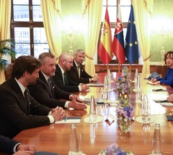 Encuentro de Su Majestad el Rey y Su Excelencia el Presidente de la República Eslovaca acompañdos de las delegaciones de ambos paises