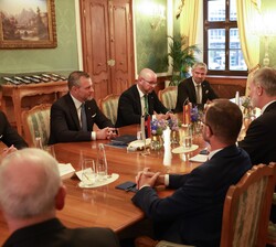 Su Majestad el Rey durante el encuentro con Su Excelencia el Presidente de la República Eslovaca y las delegaciones española y eslovaca