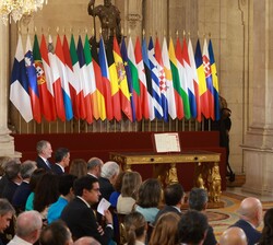 El presidente del Consejo Europeo, Antònio Costa, durante su intervención en el Salón de Columnas