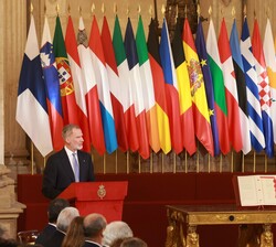 Su Majestad el Rey en un momento de su intervención en el Palacio Real