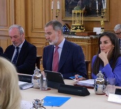 Sus Majestades los Reyes durante la reunión de la Comisión Delegada de la Fundación Princesa de Girona
