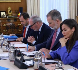 Sus Majestades los Reyes en la mesa de la reunión de la Comisión Delegada de la Fundación Princesa de Girona
