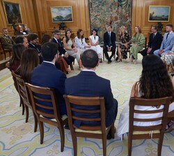 Vista general de la audiencia de Su Majestad la Reina junto a una una representación del Medio “Artículo 14”