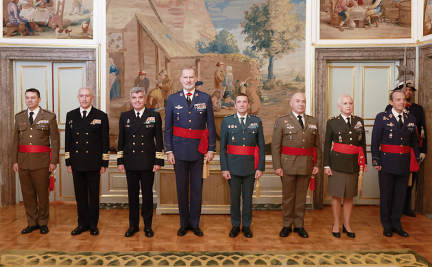 Fotografía de grupo de Su Majestad el Rey con generales de división y vicealmirantes