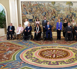 La Reina Sofía junto a miembros de la delegación de la Fundación del Lesionado Medular durante la audiencia