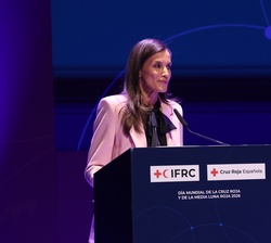 Su Majestad la Reina durante su intervención con motivo del "Día Mundial de la Cruz Roja y de la Media Luna Roja”