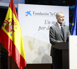 Su Majestasd el Rey durante su intervención tras la entrega de las Becas de la Fundación "La Caixa"