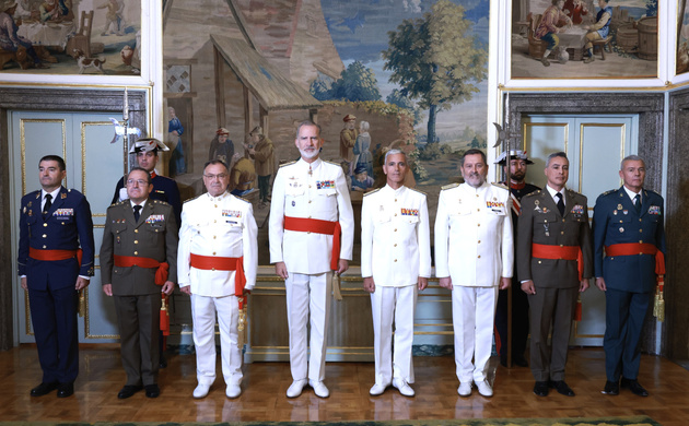 Fotografía de grupo de Su Majestad el Rey con un grupo de generales de división y vicealmirantes