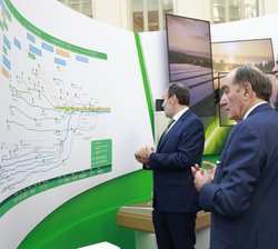 Su Majestad el Rey observa uno de los paneles de la exposición