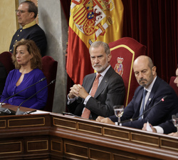 Don Felipe durante la intervención del secretario general iberoamericano, Andrés Allamand.